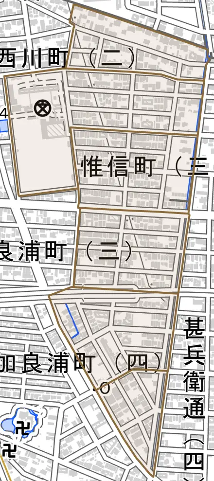 惟信町とその周辺の地図。町の範囲を重ねている
