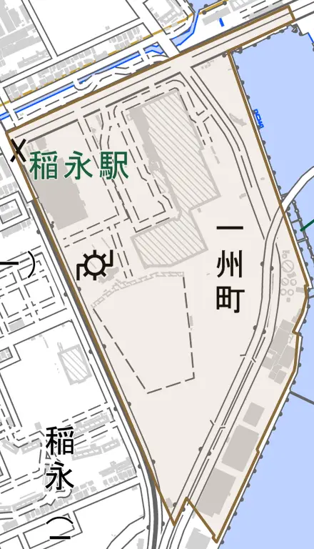一州町とその周辺の地図。町の範囲を重ねている