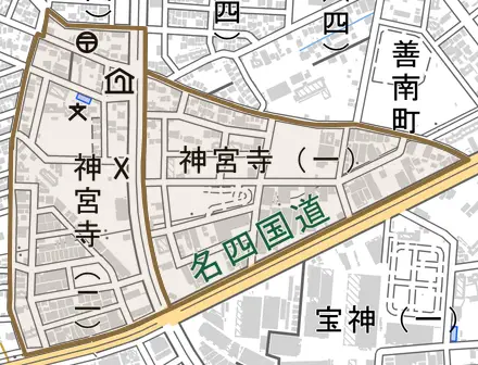 神宮寺とその周辺の地図。町の範囲を重ねている