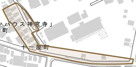 十一屋町とその周辺の地図。町の範囲を重ねている