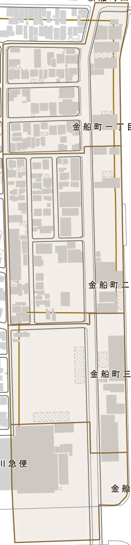 金船町とその周辺の地図。町の範囲を重ねている