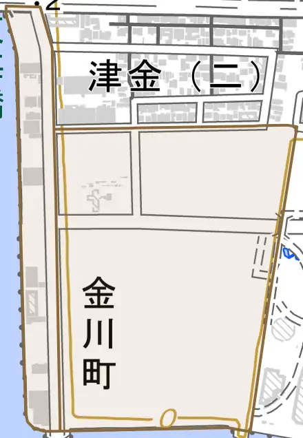金川町とその周辺の地図。町の範囲を重ねている