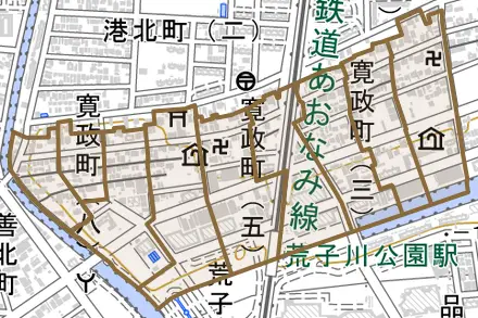 寛政町とその周辺の地図。町の範囲を重ねている