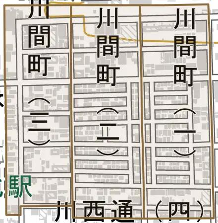 川間町とその周辺の地図。町の範囲を重ねている