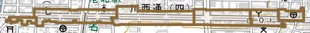 川西通とその周辺の地図。町の範囲を重ねている