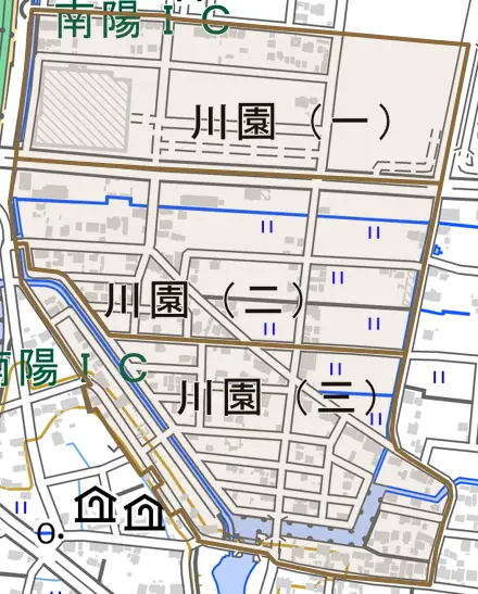 川園とその周辺の地図。町の範囲を重ねている