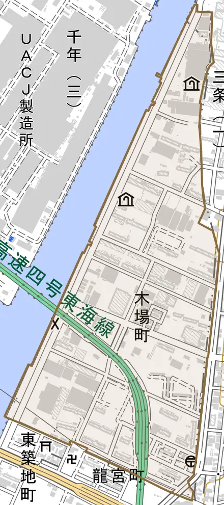 木場町とその周辺の地図。町の範囲を重ねている