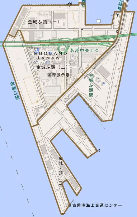 金城ふ頭とその周辺の地図。町の範囲を重ねている