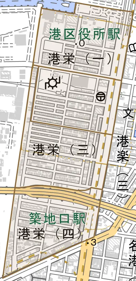 港栄とその周辺の地図。町の範囲を重ねている