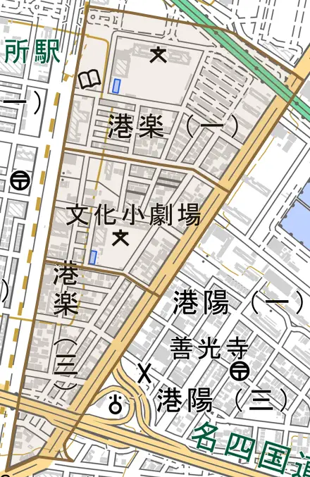 港楽とその周辺の地図。町の範囲を重ねている
