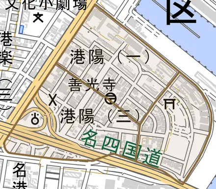 港陽とその周辺の地図。町の範囲を重ねている