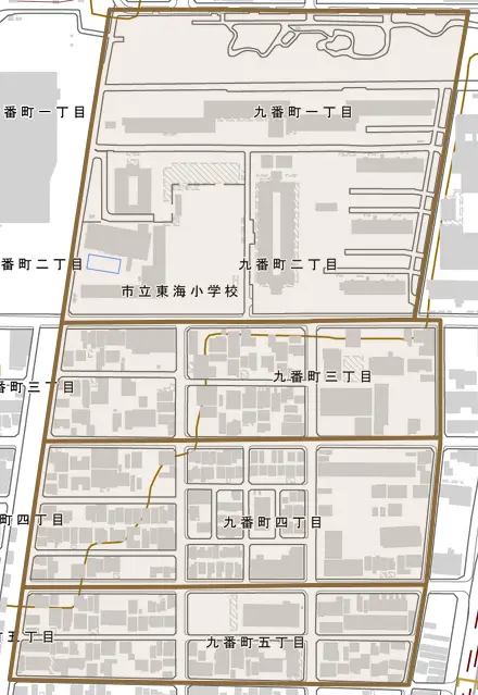 九番町とその周辺の地図。町の範囲を重ねている