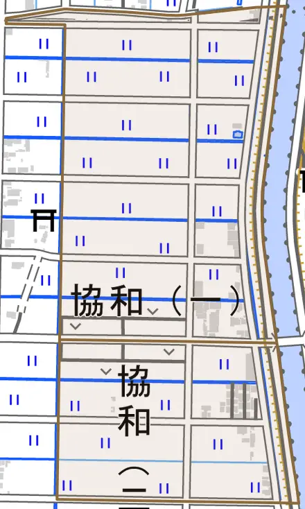 協和とその周辺の地図。町の範囲を重ねている