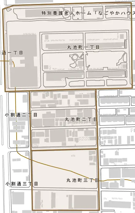 丸池町とその周辺の地図。町の範囲を重ねている