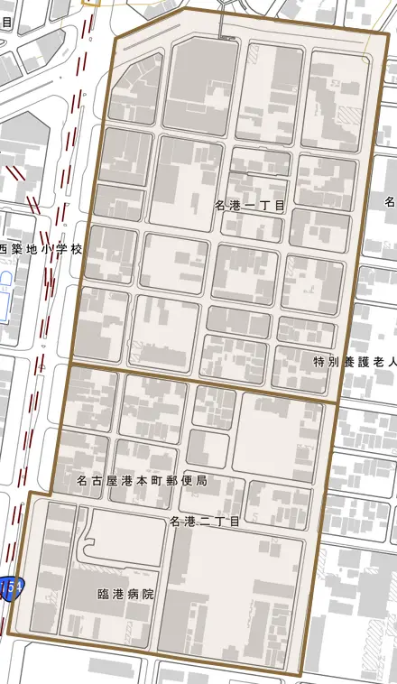 名港とその周辺の地図。町の範囲を重ねている