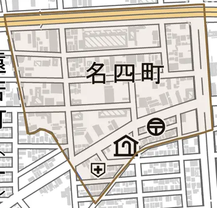 名四町とその周辺の地図。町の範囲を重ねている