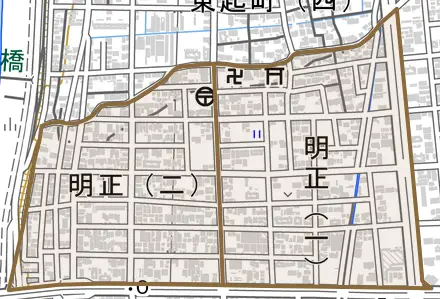 明正とその周辺の地図。町の範囲を重ねている