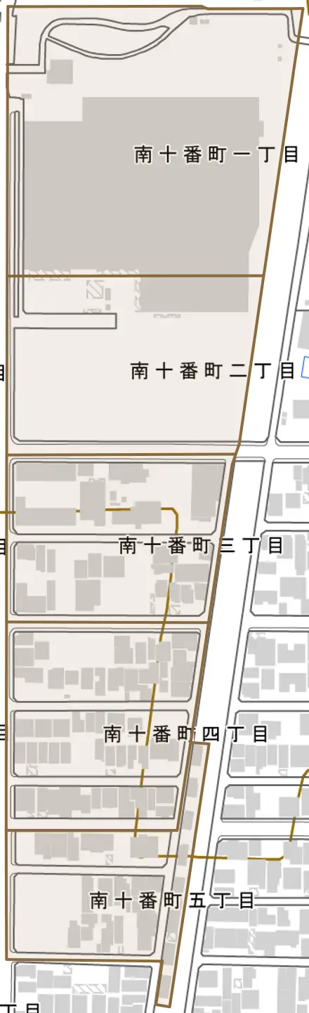 南十番町とその周辺の地図。町の範囲を重ねている