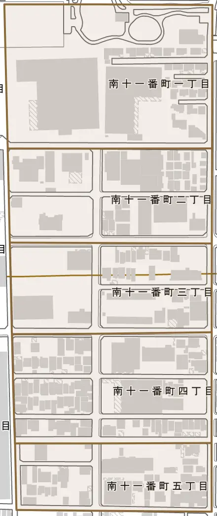 南十一番町とその周辺の地図。町の範囲を重ねている