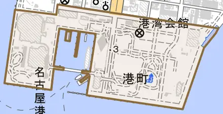 港町とその周辺の地図。町の範囲を重ねている