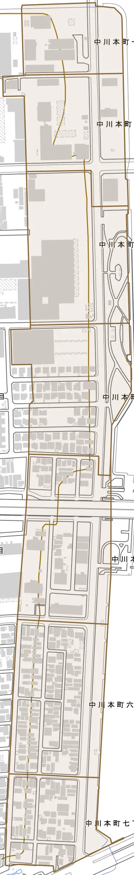 中川本町とその周辺の地図。町の範囲を重ねている