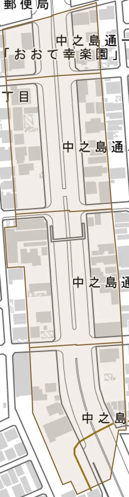 中之島通とその周辺の地図。町の範囲を重ねている