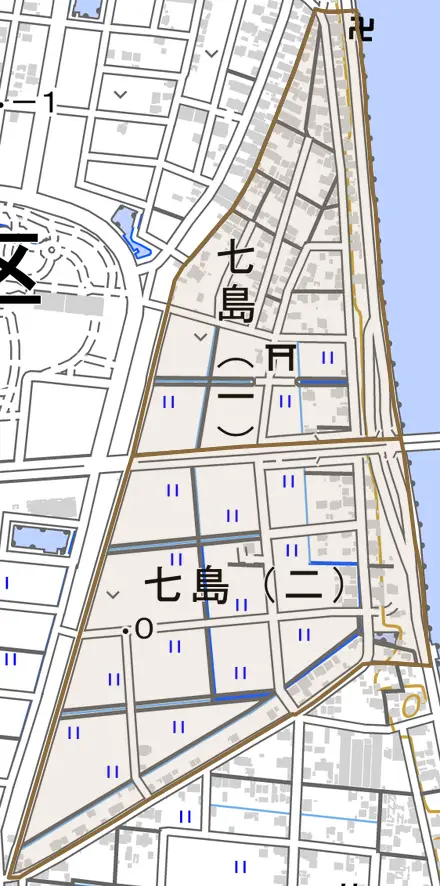 七島とその周辺の地図。町の範囲を重ねている