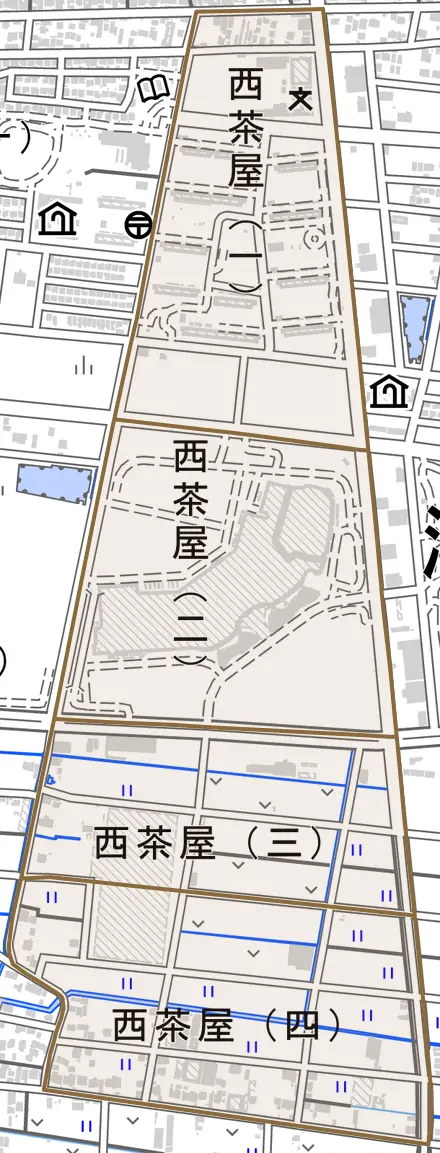 西茶屋とその周辺の地図。町の範囲を重ねている