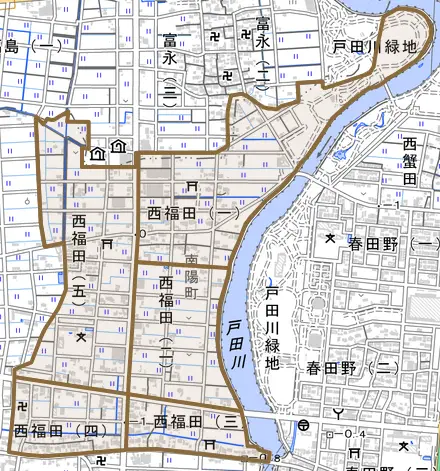 西福田とその周辺の地図。町の範囲を重ねている