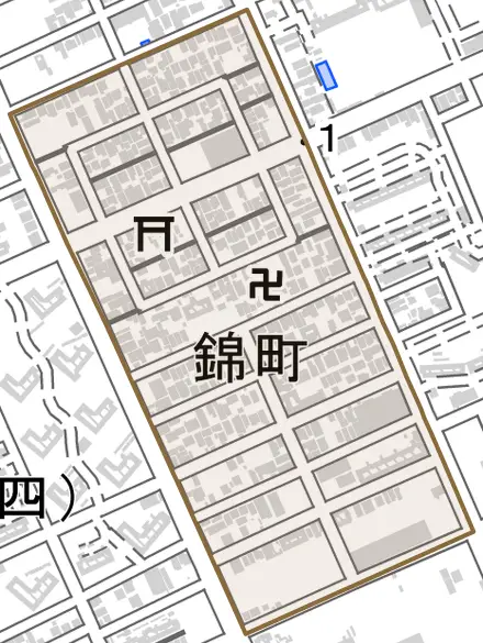 錦町とその周辺の地図。町の範囲を重ねている
