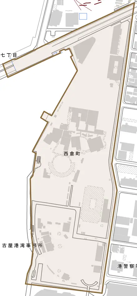 西倉町とその周辺の地図。町の範囲を重ねている