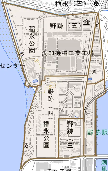 野跡とその周辺の地図。町の範囲を重ねている
