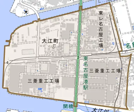 大江町とその周辺の地図。町の範囲を重ねている