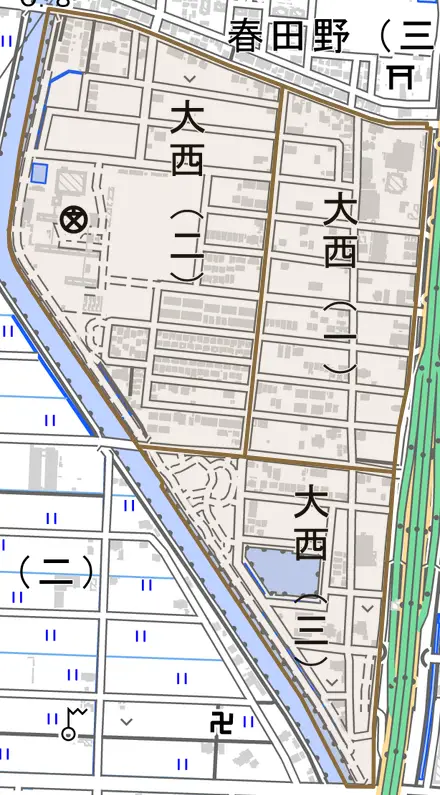 大西とその周辺の地図。町の範囲を重ねている