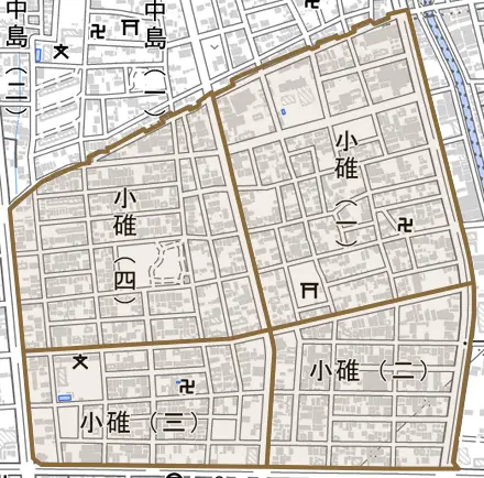小碓とその周辺の地図。町の範囲を重ねている