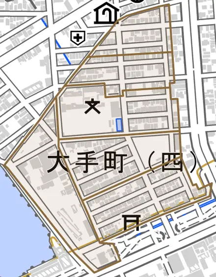 大手町とその周辺の地図。町の範囲を重ねている