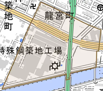 龍宮町とその周辺の地図。町の範囲を重ねている