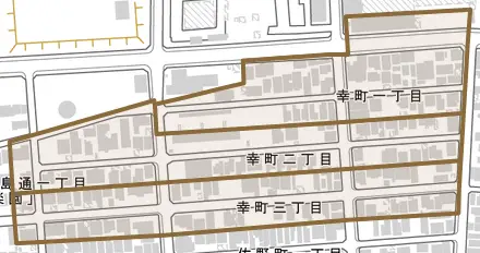 幸町とその周辺の地図。町の範囲を重ねている
