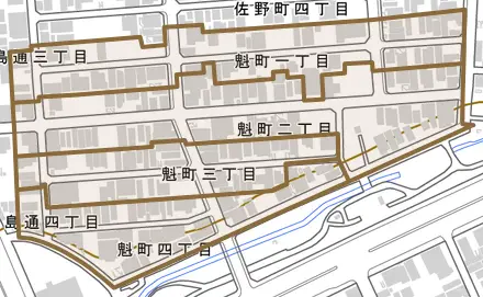 魁町とその周辺の地図。町の範囲を重ねている