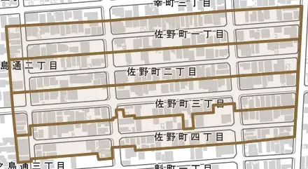 佐野町とその周辺の地図。町の範囲を重ねている