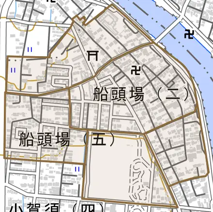 船頭場とその周辺の地図。町の範囲を重ねている