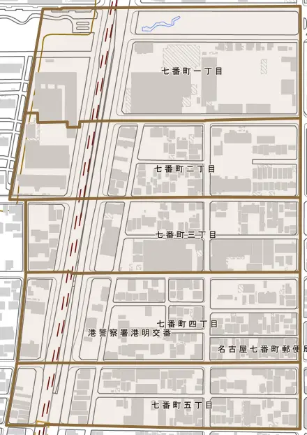 七番町とその周辺の地図。町の範囲を重ねている