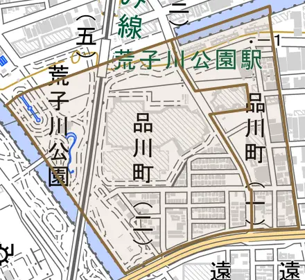 品川町とその周辺の地図。町の範囲を重ねている
