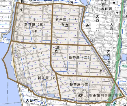 新茶屋とその周辺の地図。町の範囲を重ねている