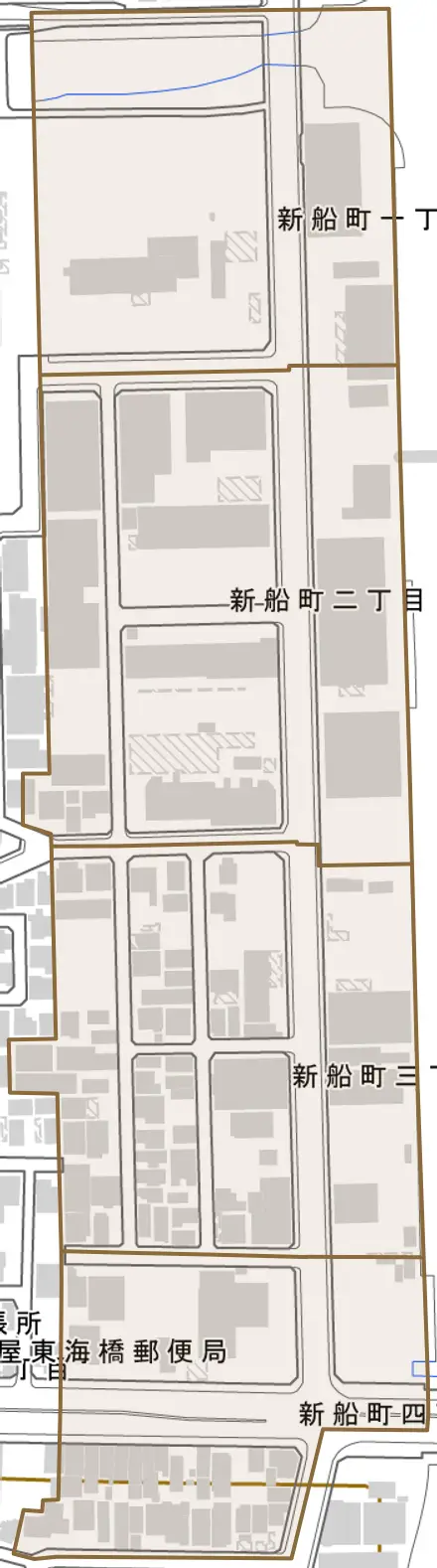 新船町とその周辺の地図。町の範囲を重ねている