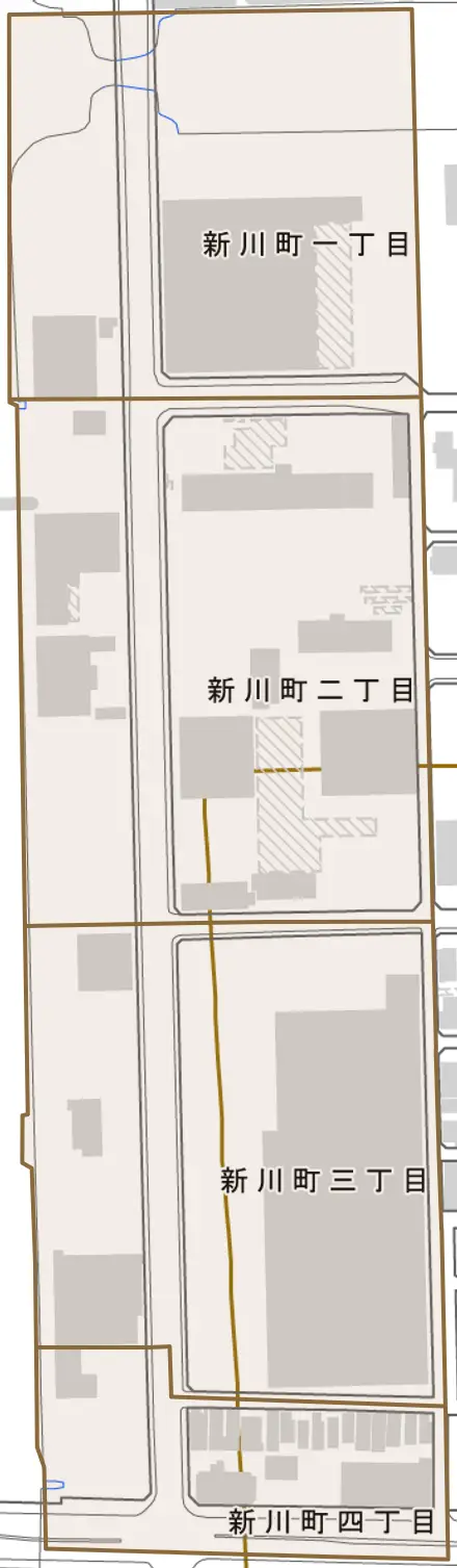 新川町とその周辺の地図。町の範囲を重ねている