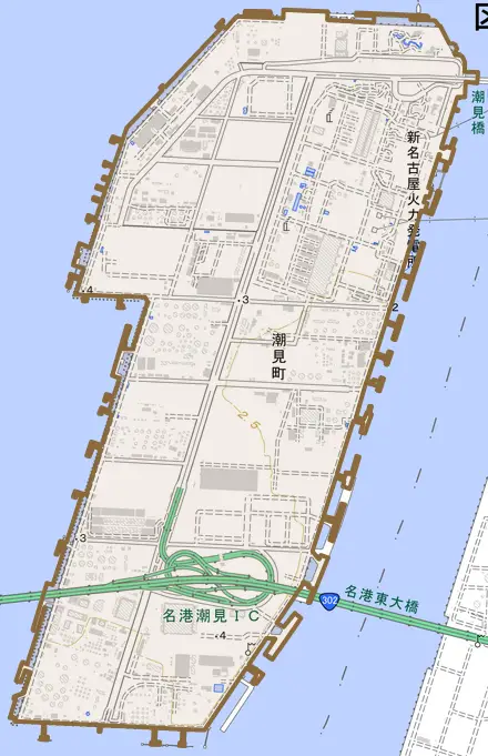 潮見町とその周辺の地図。町の範囲を重ねている