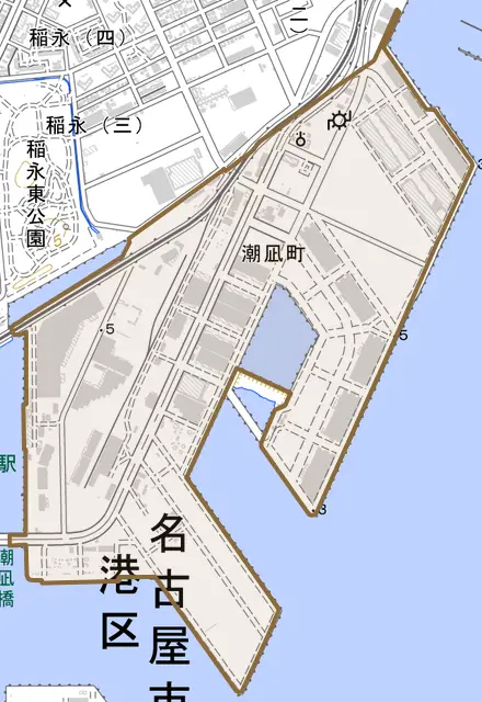 潮凪町とその周辺の地図。町の範囲を重ねている