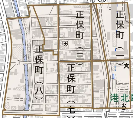 正保町とその周辺の地図。町の範囲を重ねている