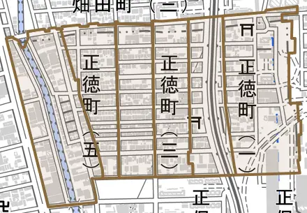 正徳町とその周辺の地図。町の範囲を重ねている